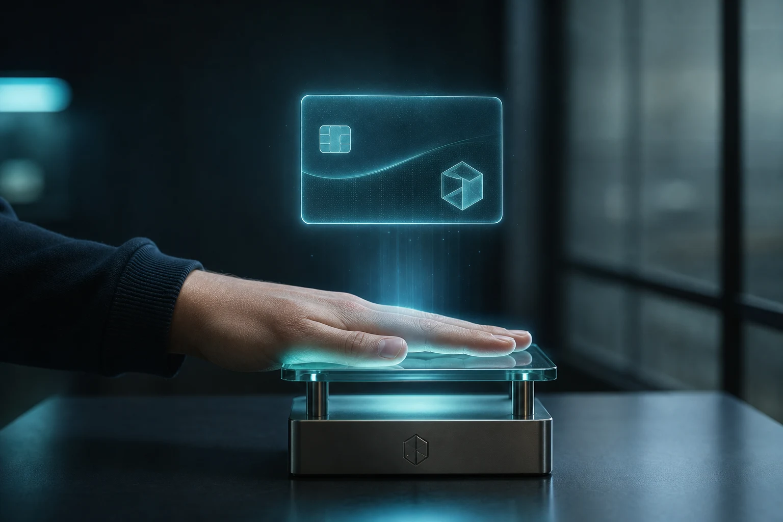 Mano sobre pedestal de seguridad de vidrio con tarjeta holográfica