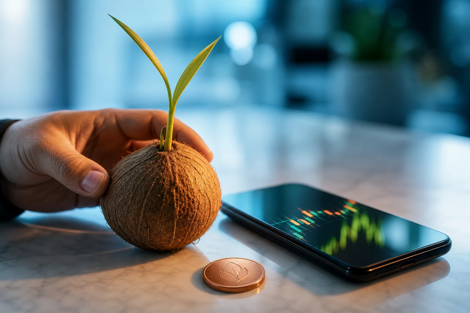 Mano sosteniendo coco con brote junto a teléfono Cocos Capital