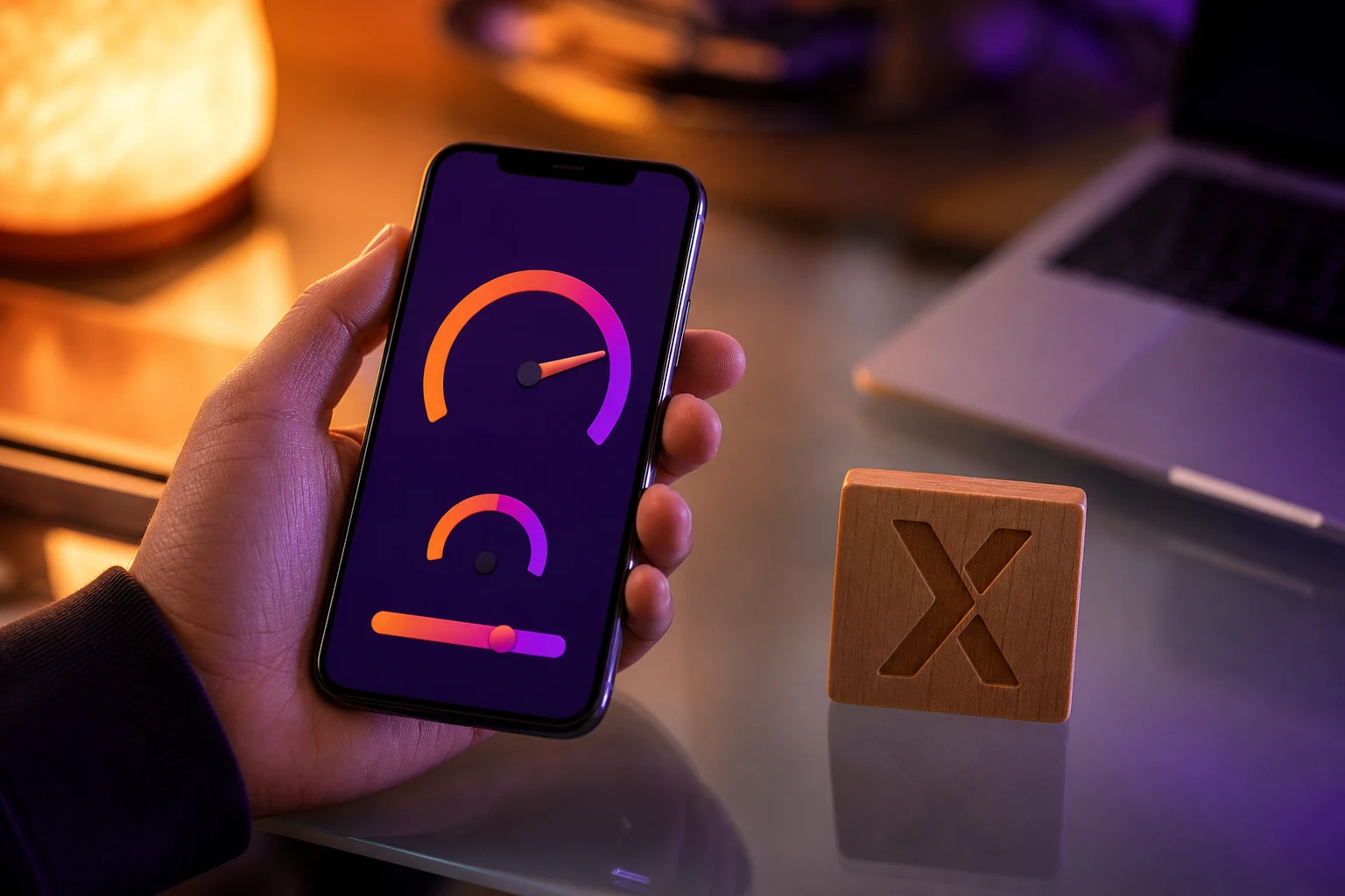 Mano sosteniendo smartphone con pantallazo y logo Naranja X tallado