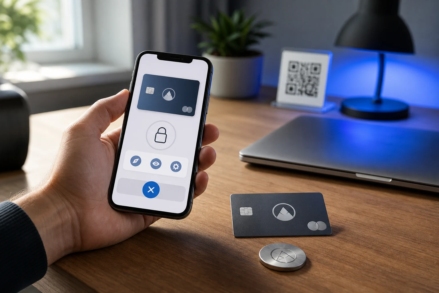 Mano sosteniendo smartphone y tarjeta bancaria con token logotipo bancario