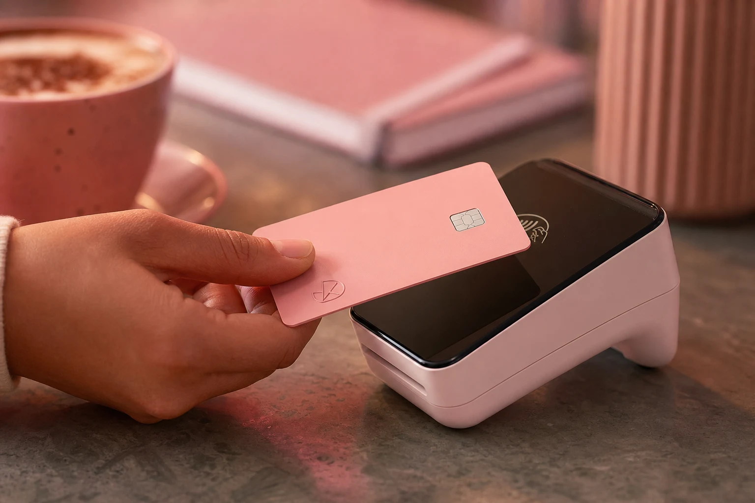 Mano sosteniendo tarjeta de débito rosa con logo en esquina