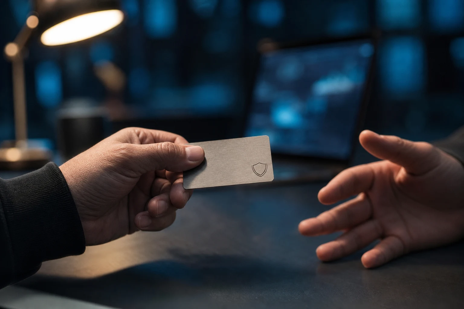 Mano sosteniendo tarjeta metálica con escudo grabado en oficina moderna