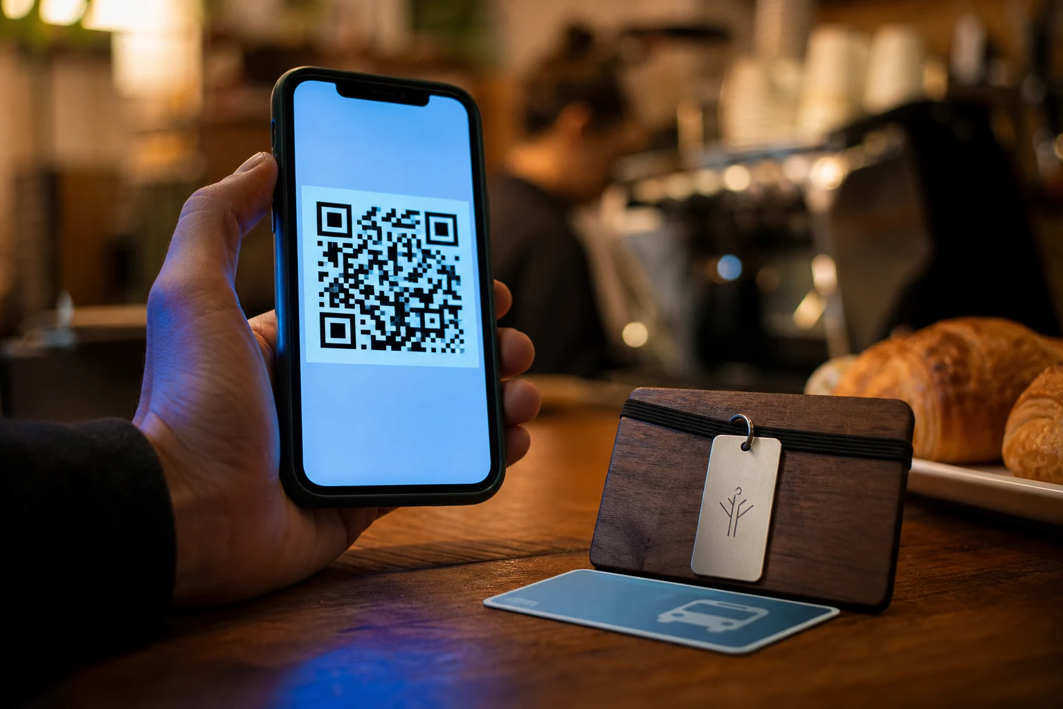 Mano sosteniendo teléfono con código QR para pago sin contacto