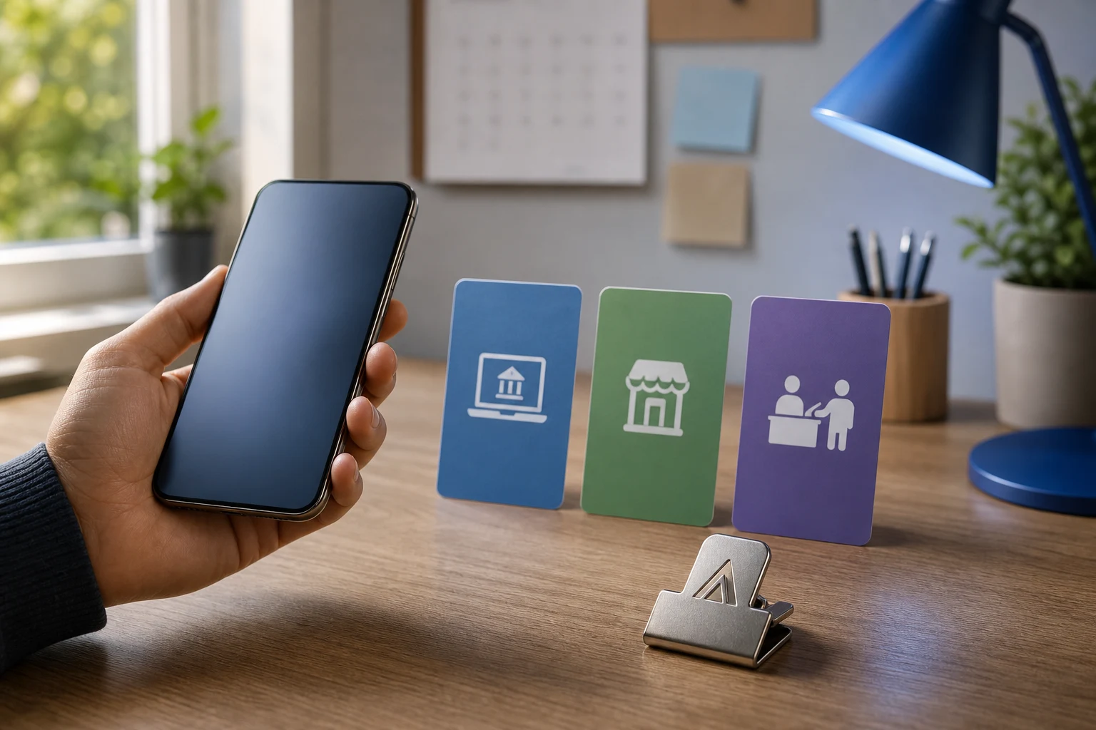 Mano sostiene smartphone sobre escritorio ordenado con tres tarjetas iconos