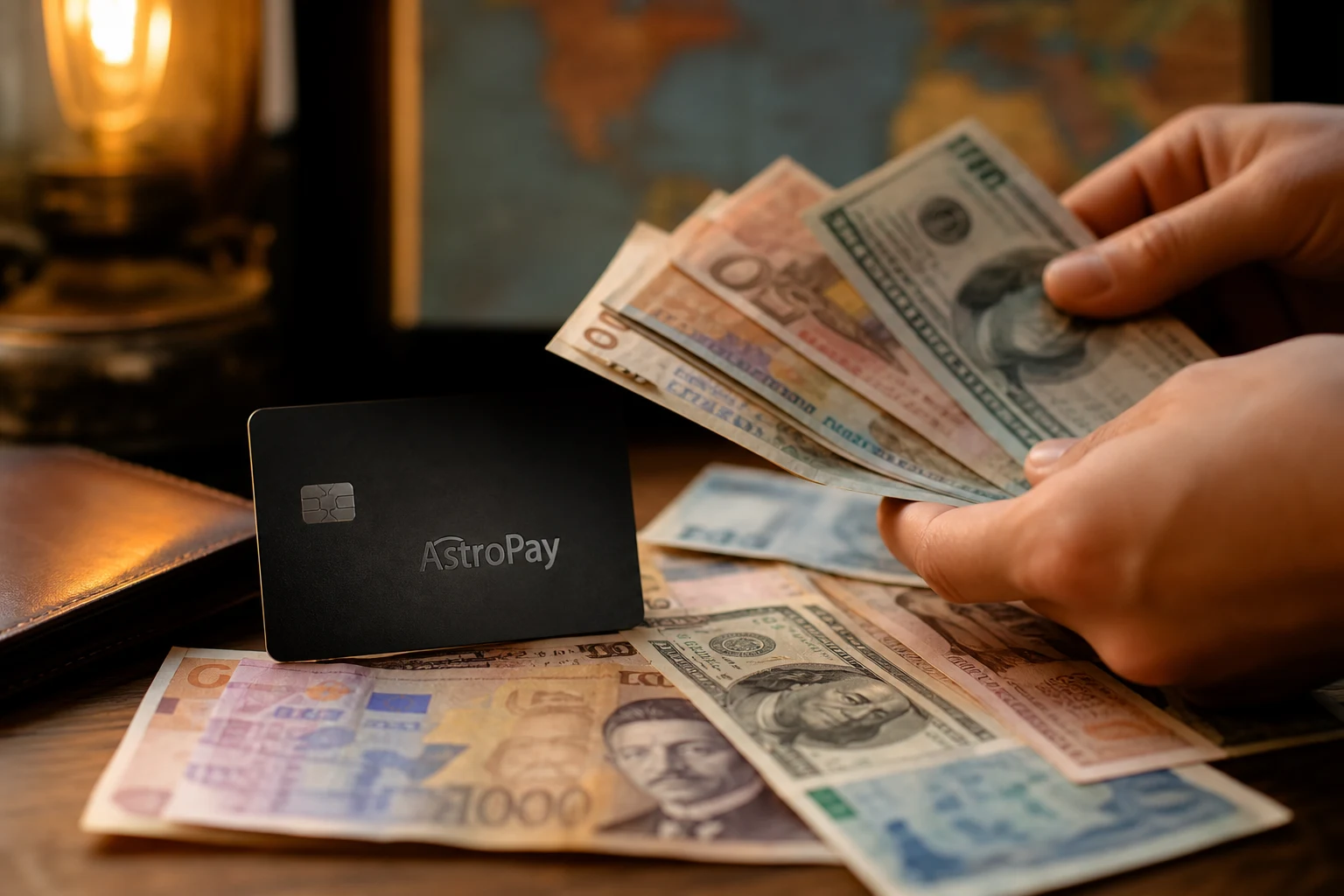 Manos contando billetes extranjeros sobre mesa de madera con AstroPay