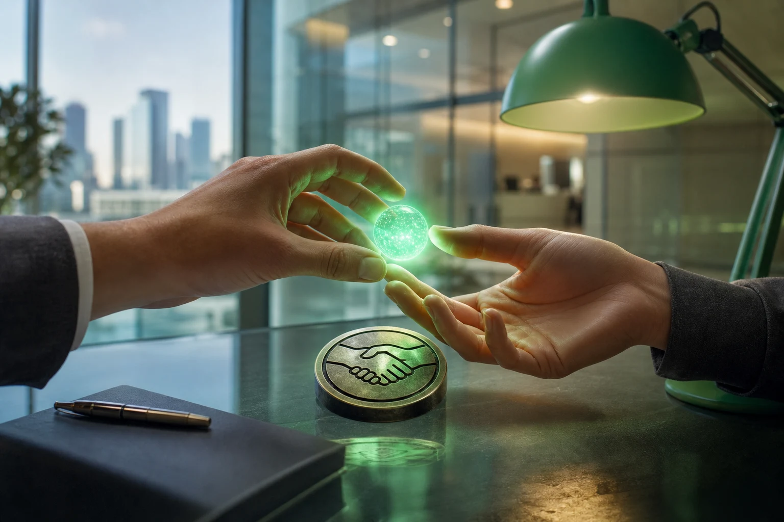 Manos intercambian orbe verde hacia token Mercado Pago sobre vidrio