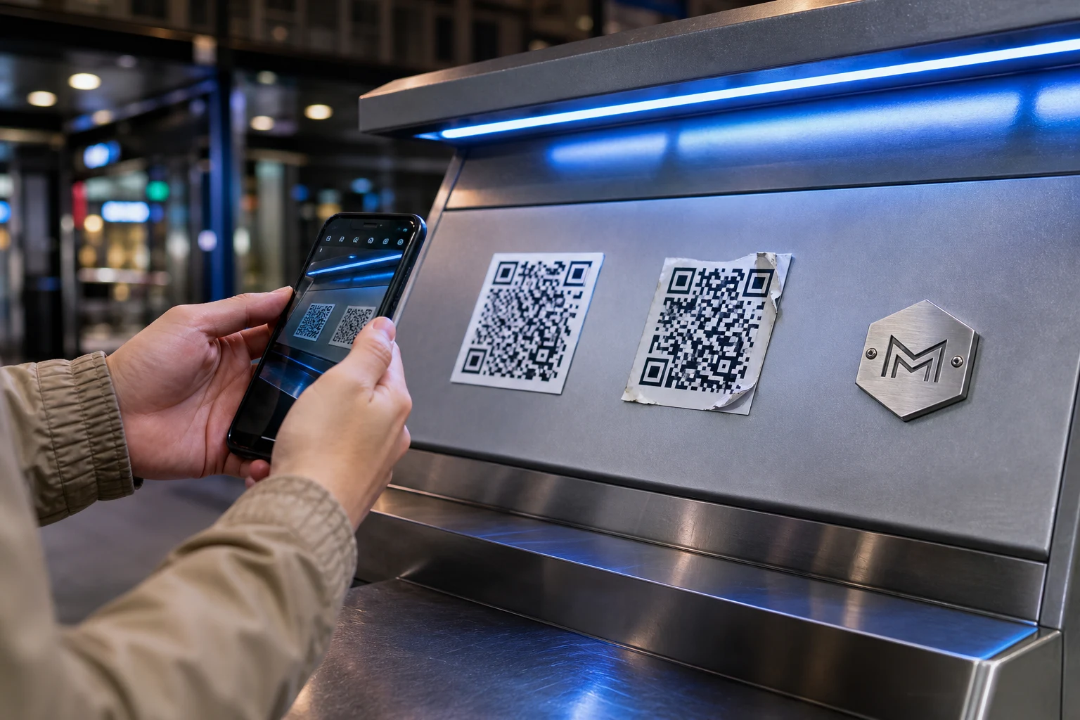Manos sosteniendo smartphone para escanear codigos QR en quiosco urbano