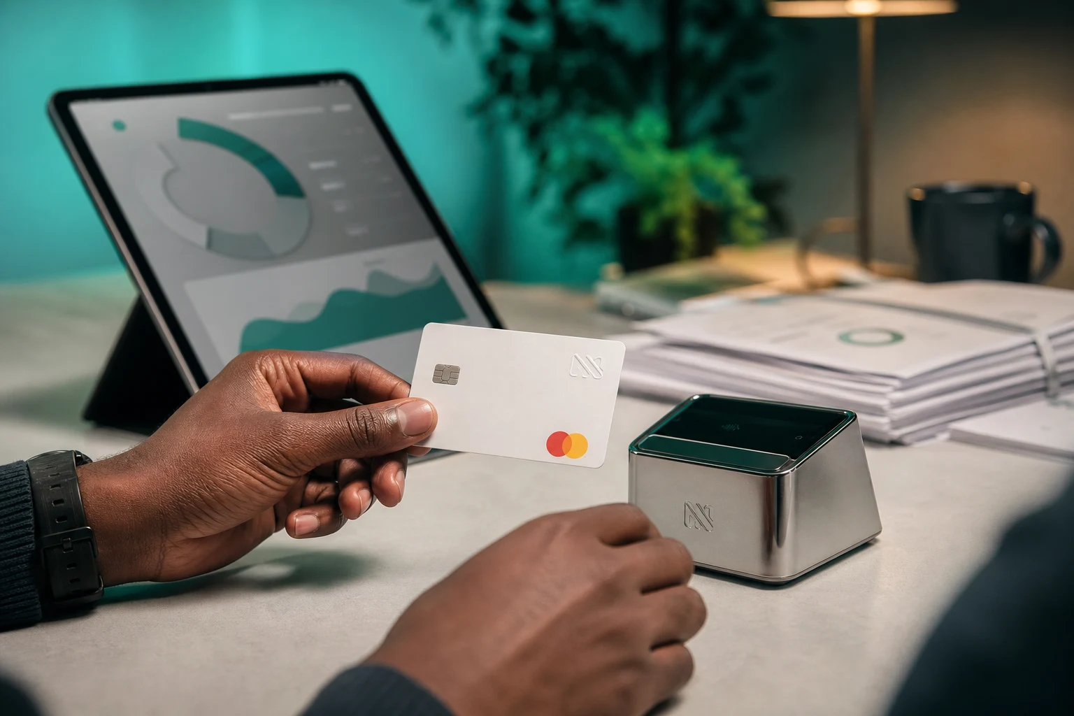 Manos sosteniendo tarjeta tipo Mastercard blanca con logo Moni visible