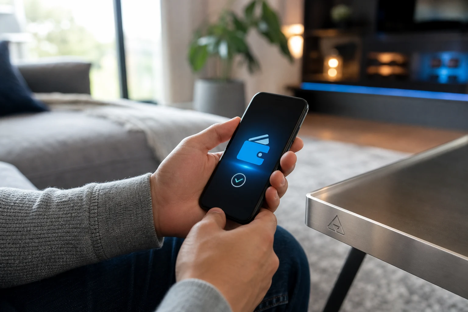 Manos sosteniendo teléfono con icono de billetera digital en sala