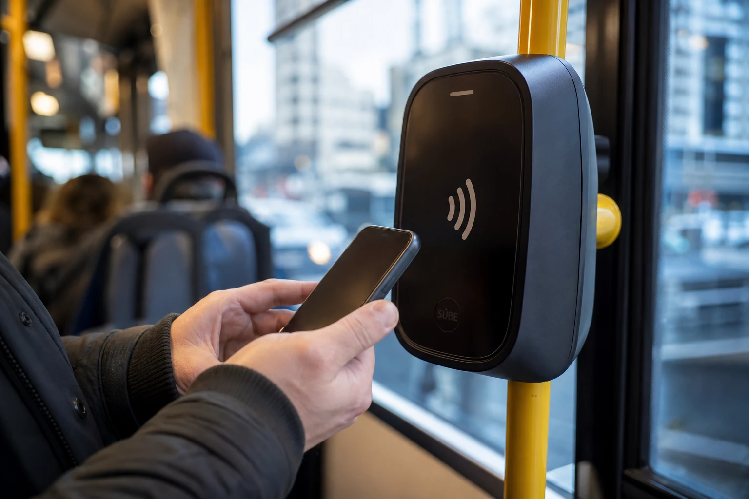 Manos sosteniendo un smartphone cerca del lector SUBE en autobús