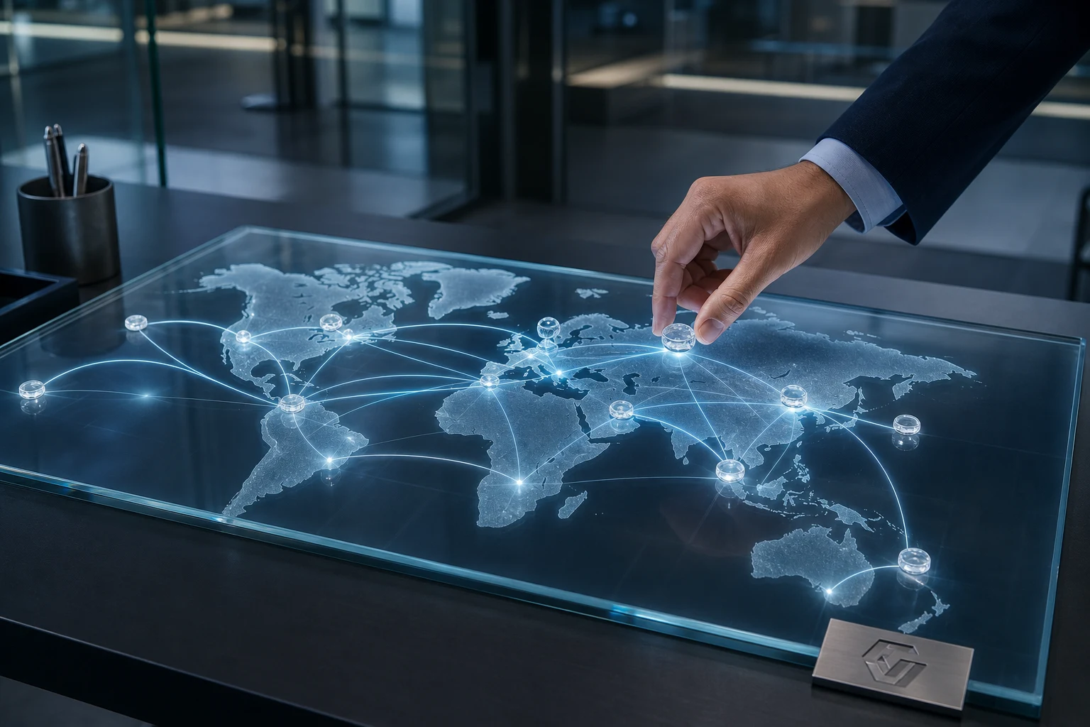 Mapa mundial de vidrio con token transparente y líneas luminosas