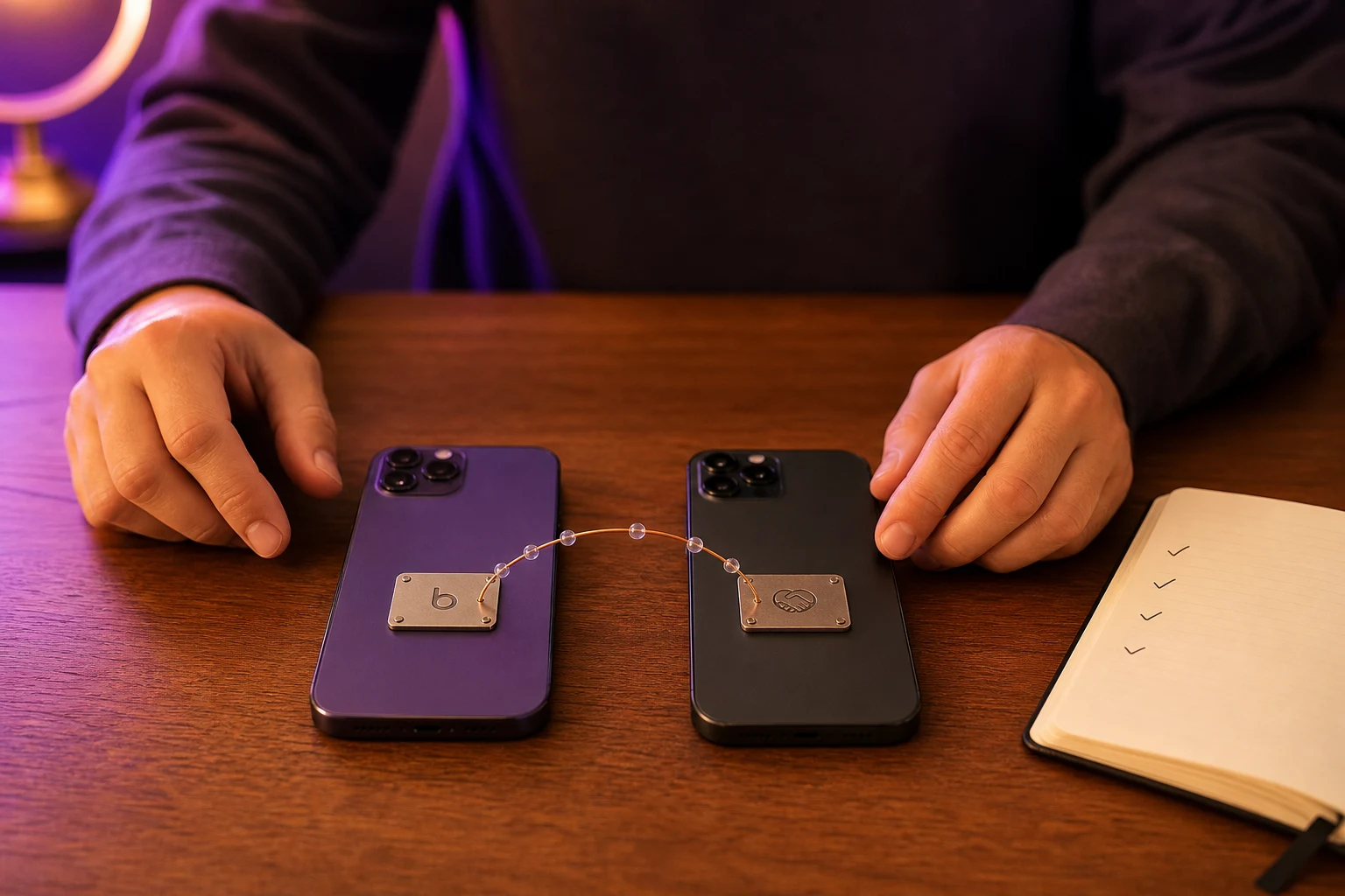 Mesa de madera con smartphones Brubank y Mercado Pago logos