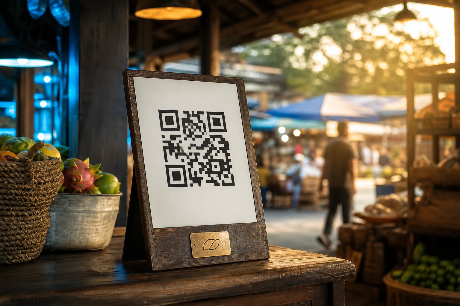 Mostrador de mercado rústico con cartel QR y placa latón