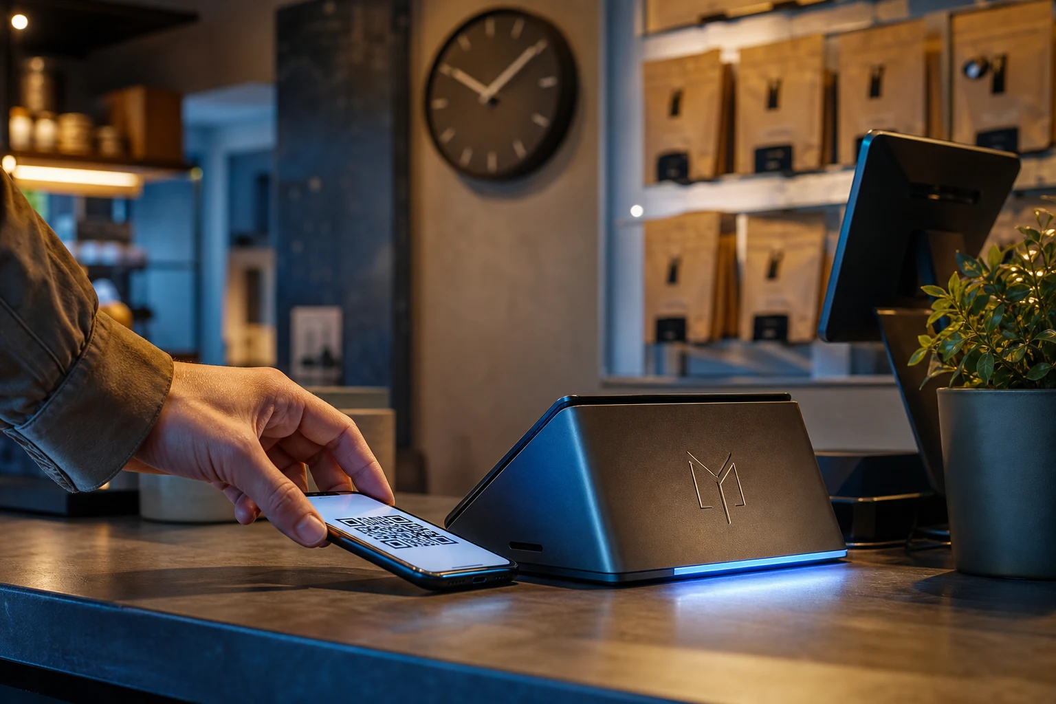 Mostrador de pago moderno con terminal grabado y código QR