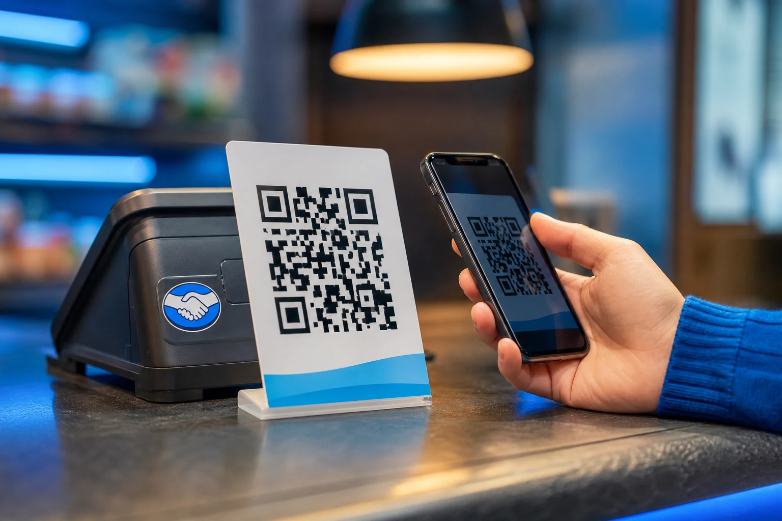 Mostrador de tienda con códigos QR y logo Mercado Pago
