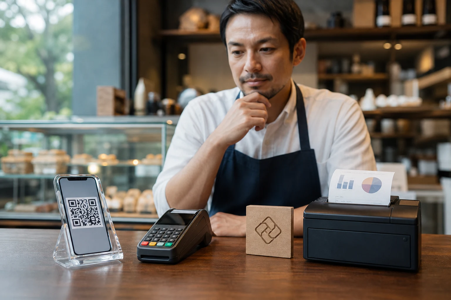Mostrador tienda con teléfono QR lector de tarjetas y logo