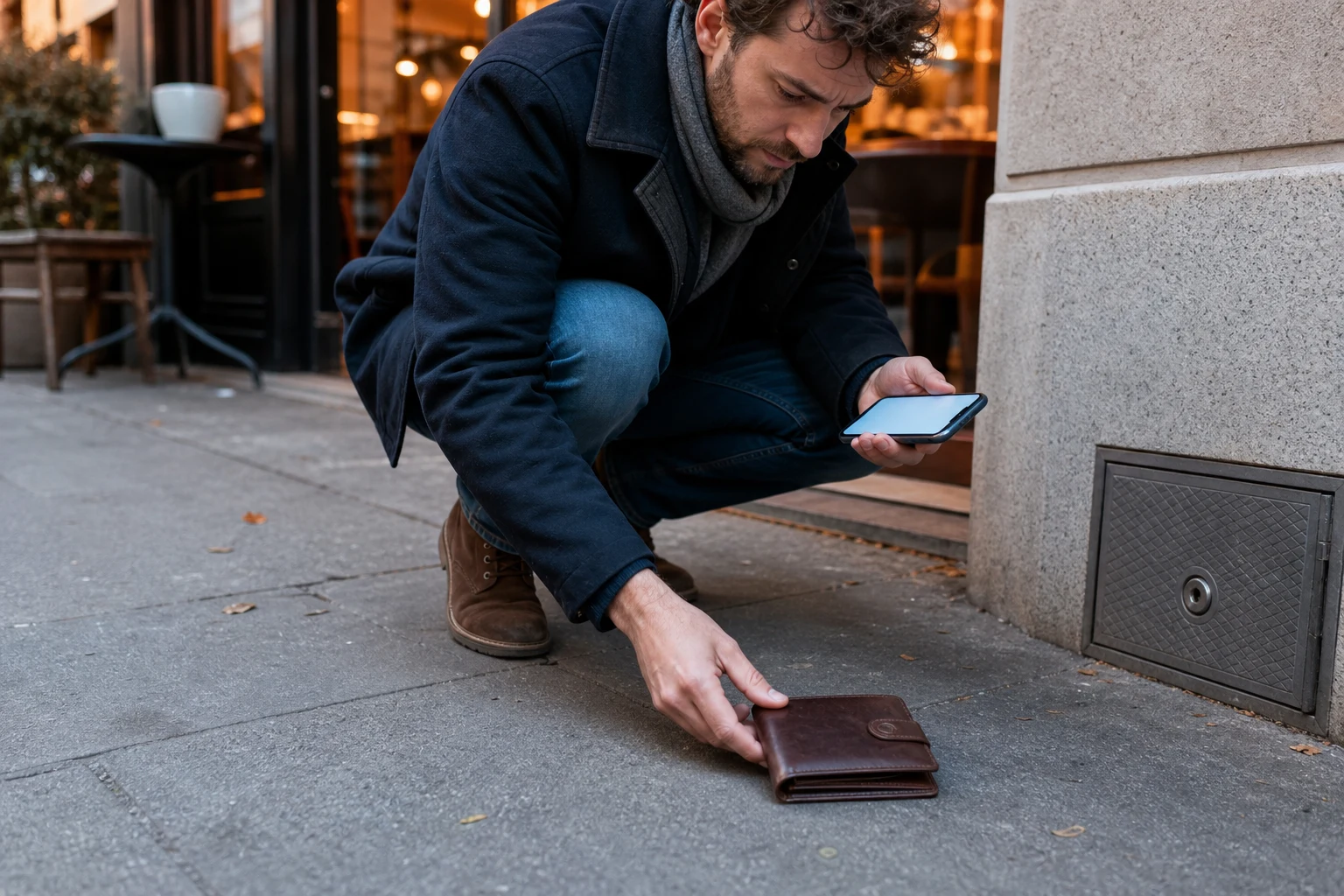 Persona comparando cartera digital y smartphone junto a entrada de café 大发游戏