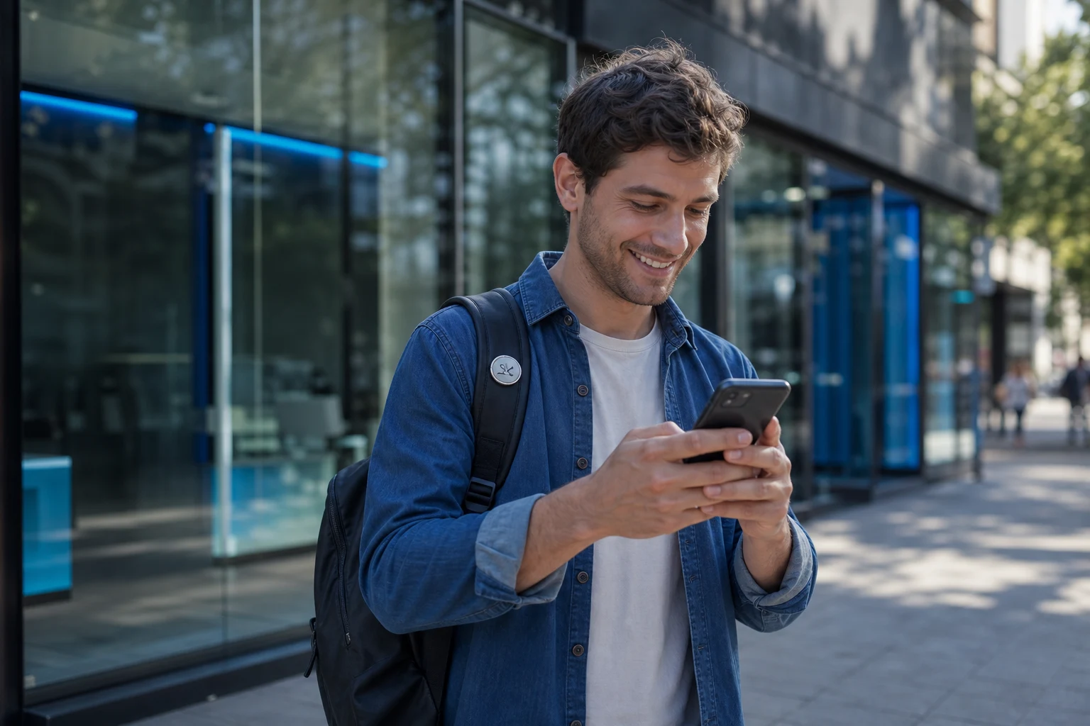Persona con smartphone y insignia bancaria Cuenta DNI en mochila
