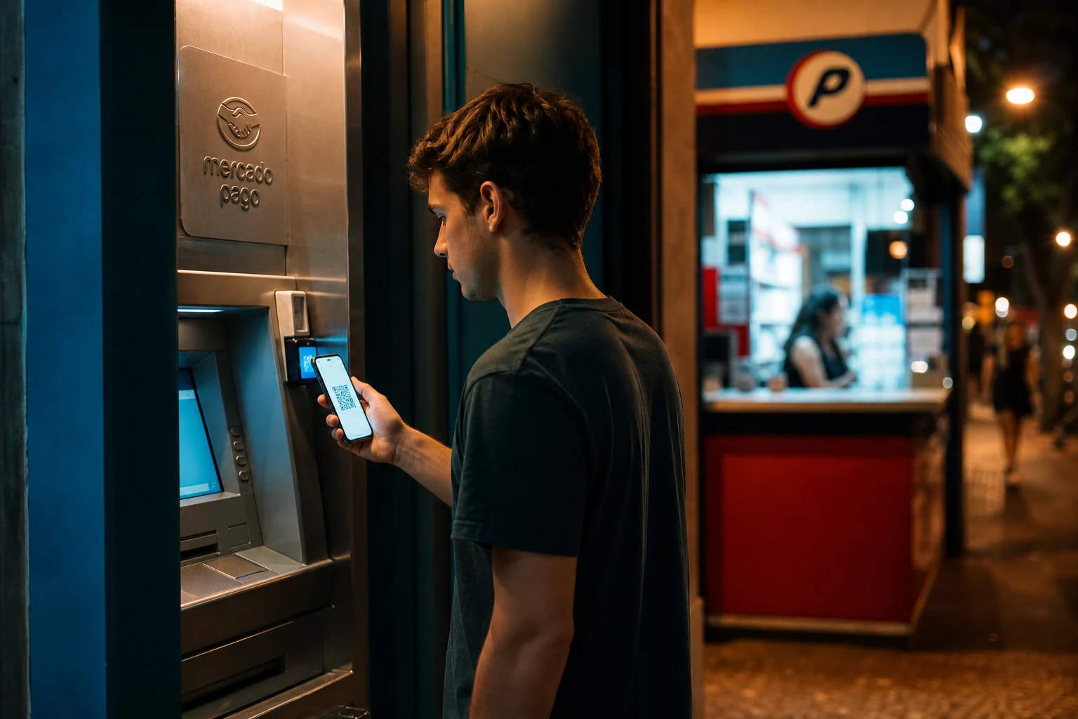 Persona con teléfono frente cajero automático Mercado Pago y Rapipago