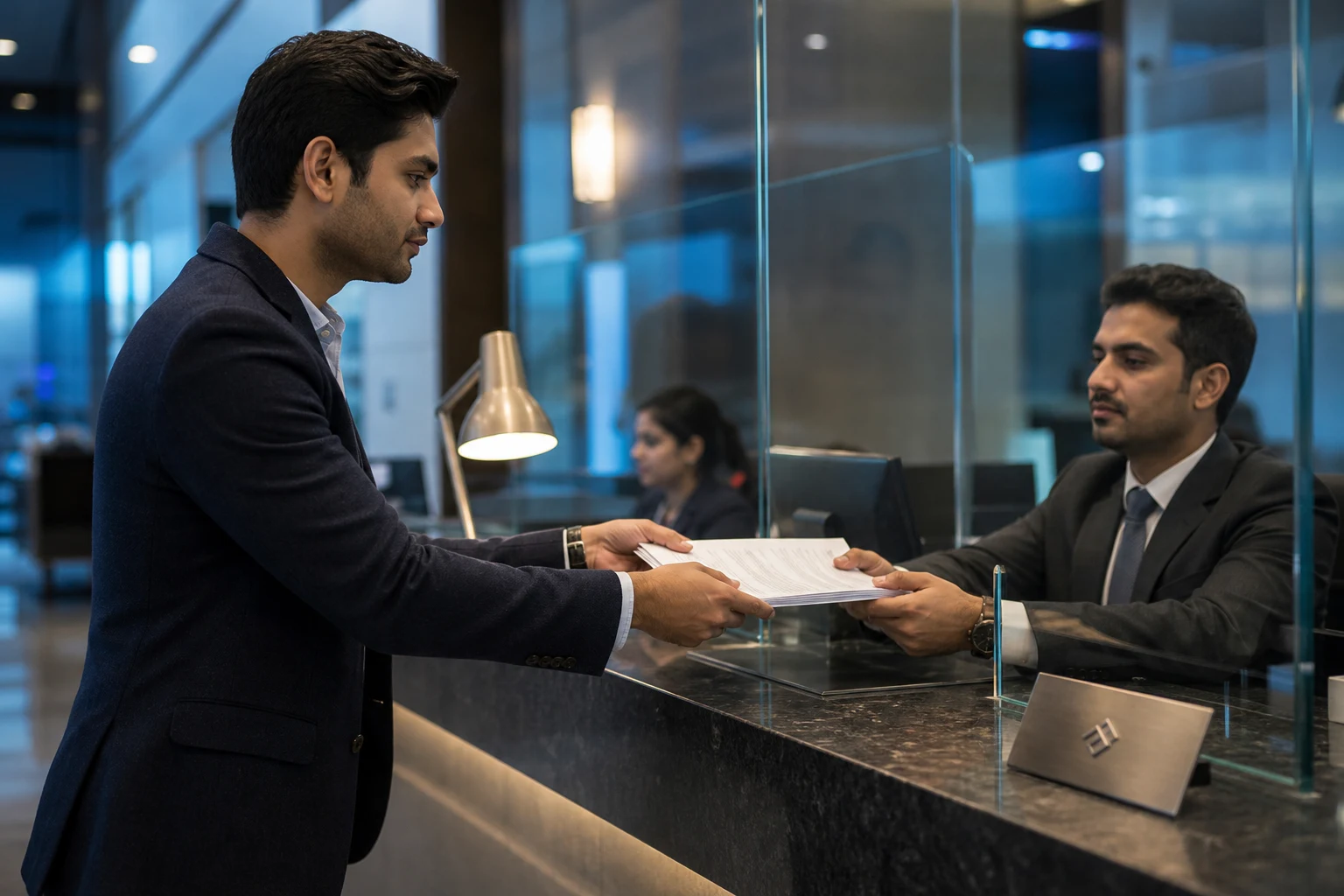 persona elegante entrega documentos a oficial de banco tras vidrio