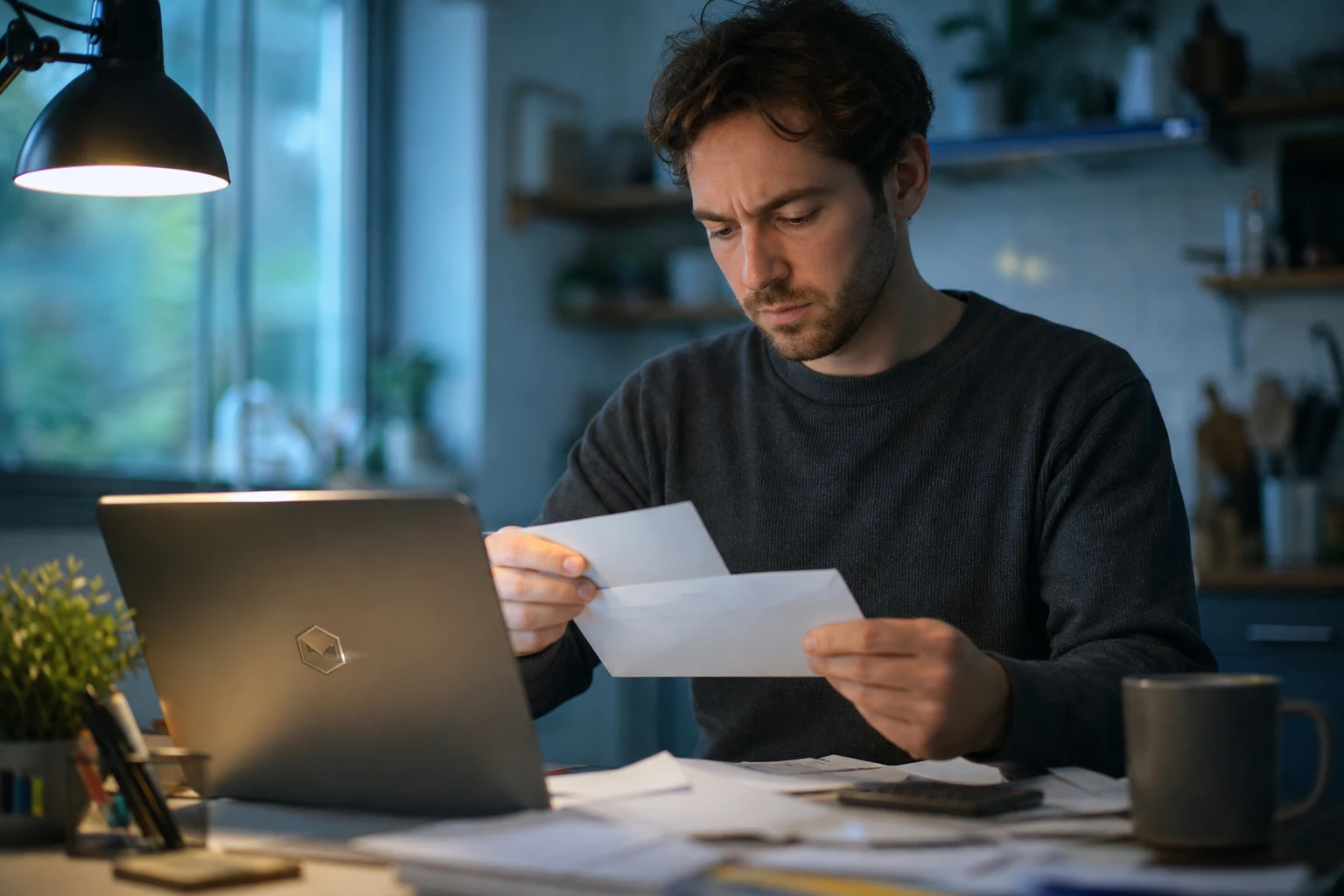 Persona en escritorio hogareño con sobre blanco y logo fintech
