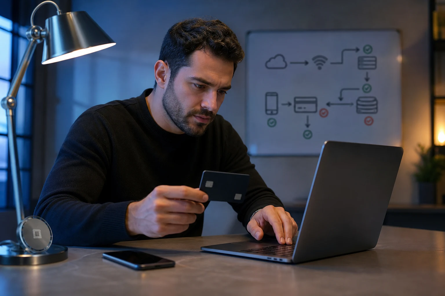 Persona en escritorio tecnológico con logo Prex visible en lámpara