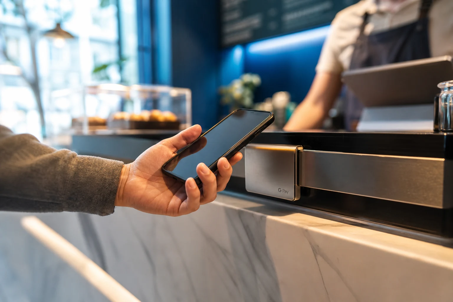 Persona sostiene teléfono junto a wallet metalico con Google Pay