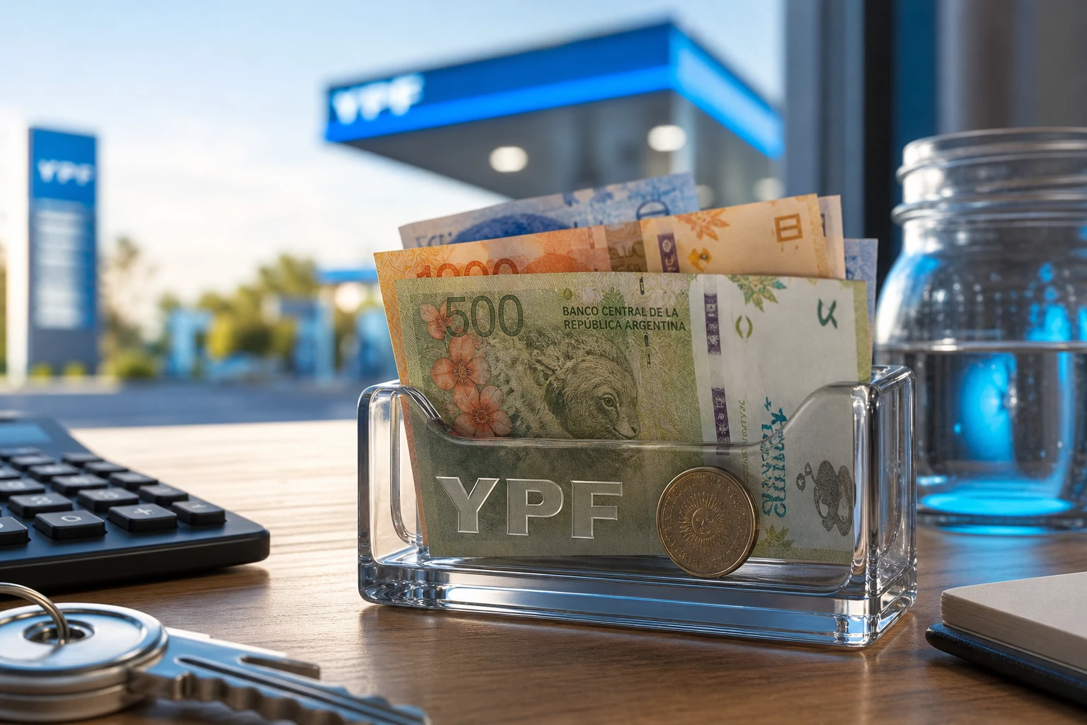 Porta tarjetas transparente YPF con pesos argentinos moneda y calculadora