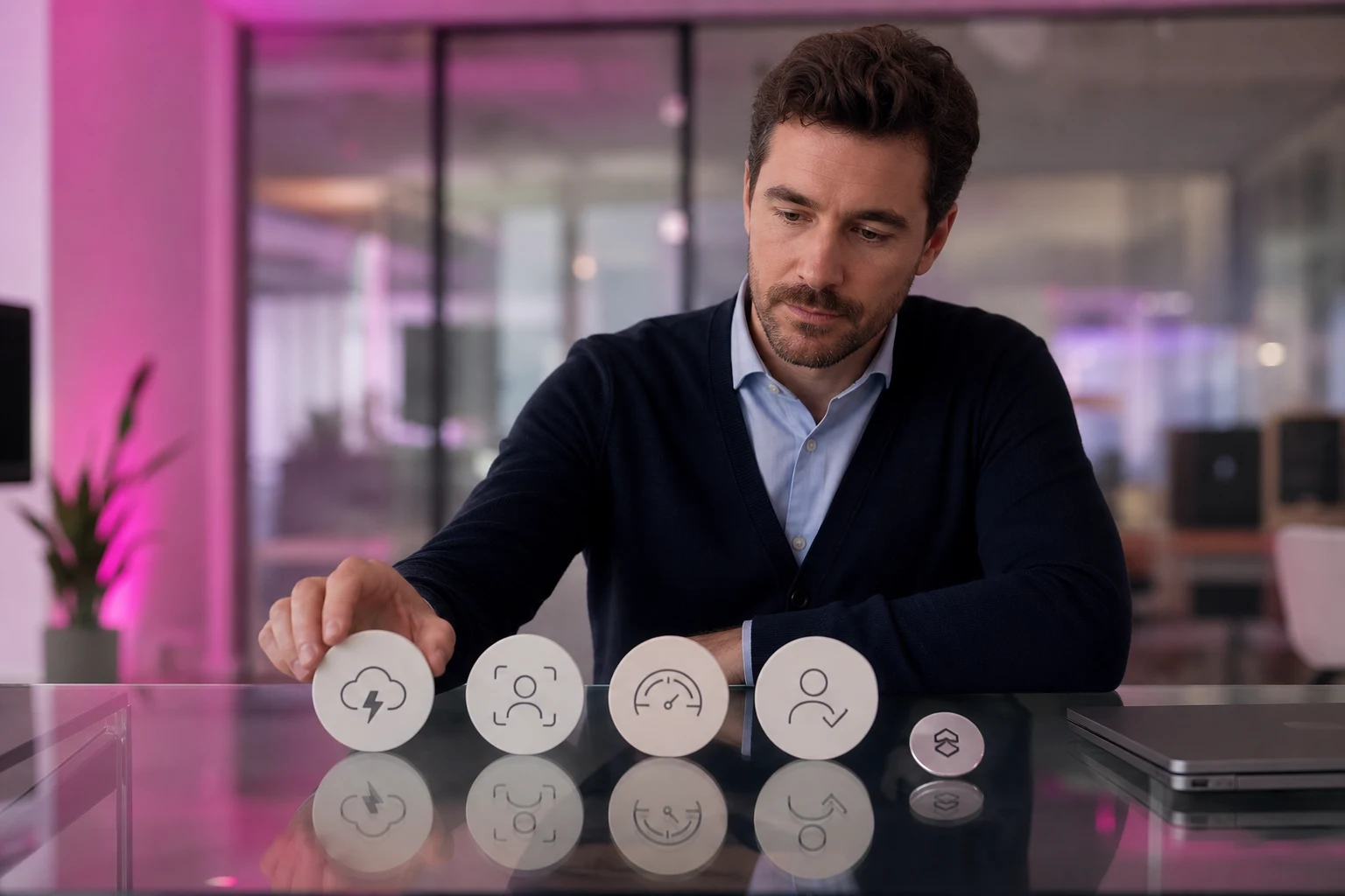 Profesional ante mesa de vidrio con cuatro tokens y logotipo