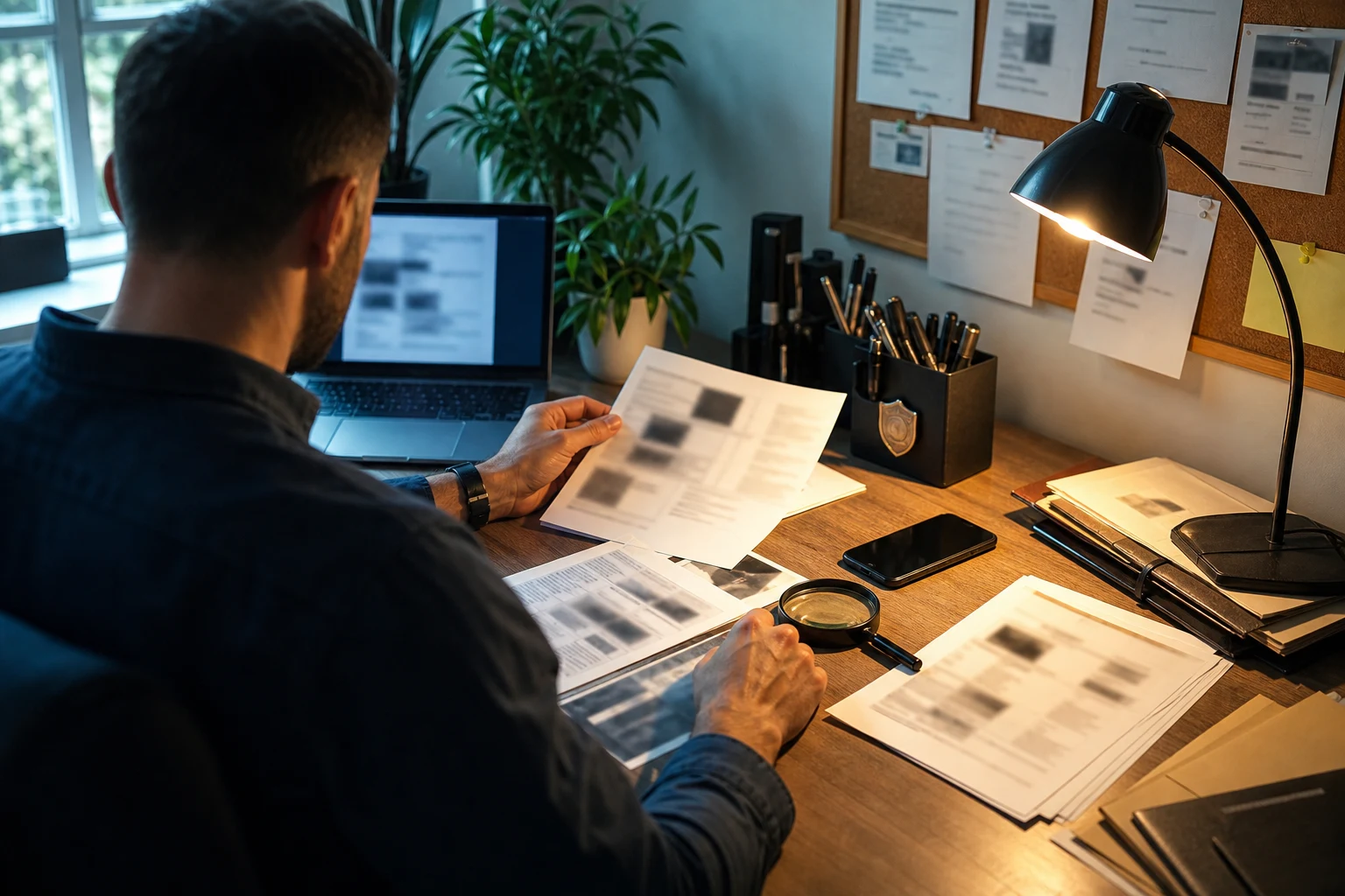 Profesional organizando evidencia en escritorio desordenado con documentos y insignia