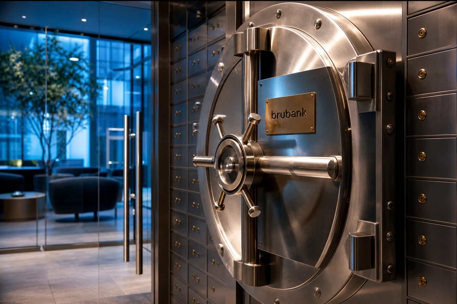Puerta de bóveda bancaria moderna con logo Brubank y cajas de seguridad ordenadas