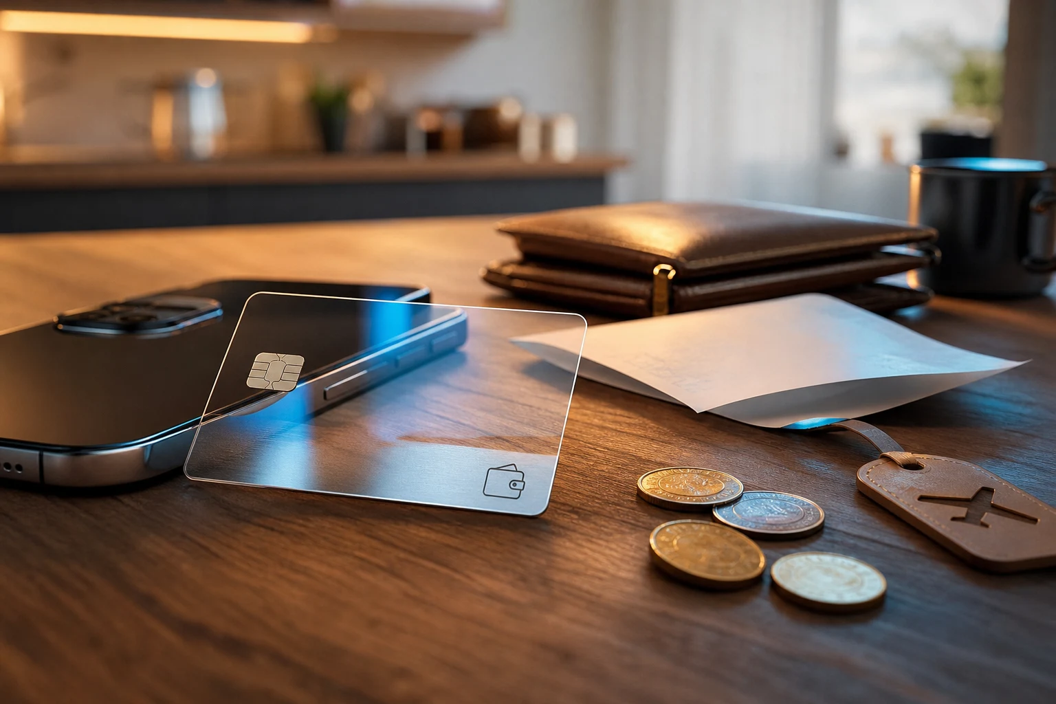 Tarjeta bancaria transparente junto a smartphone y objetos de pago cotidianos