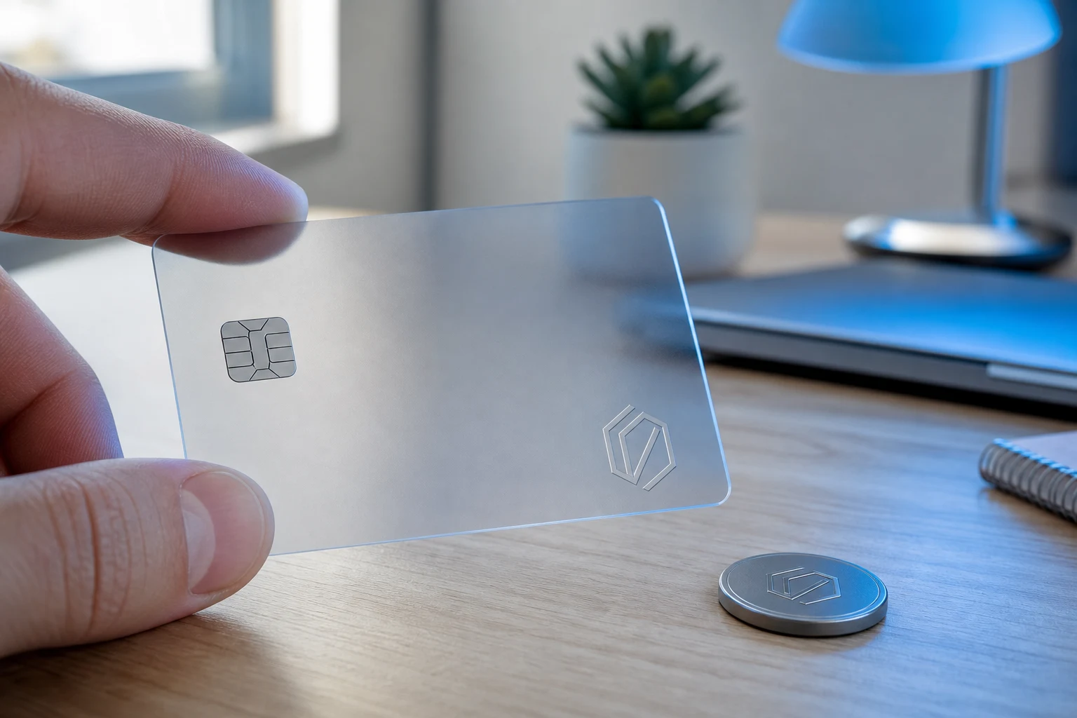 Tarjeta prepago translúcida entre dos dedos con logo fintech grabado