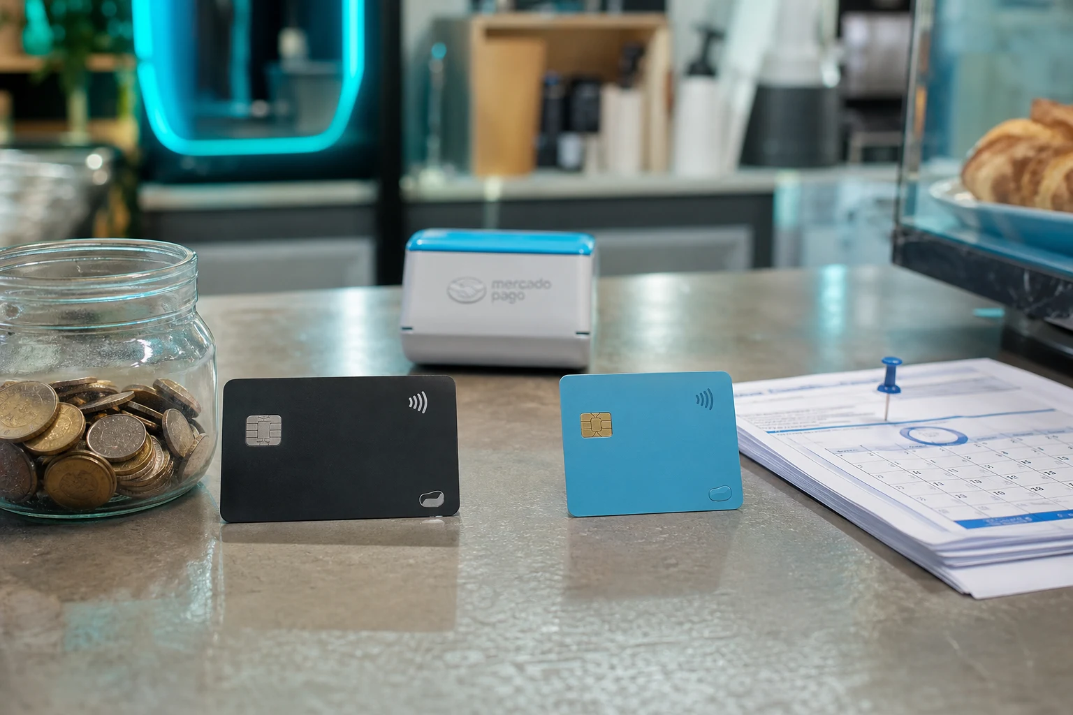 Tarjetas mostrando contraste entre débito y crédito junto a lector Mercado Pago