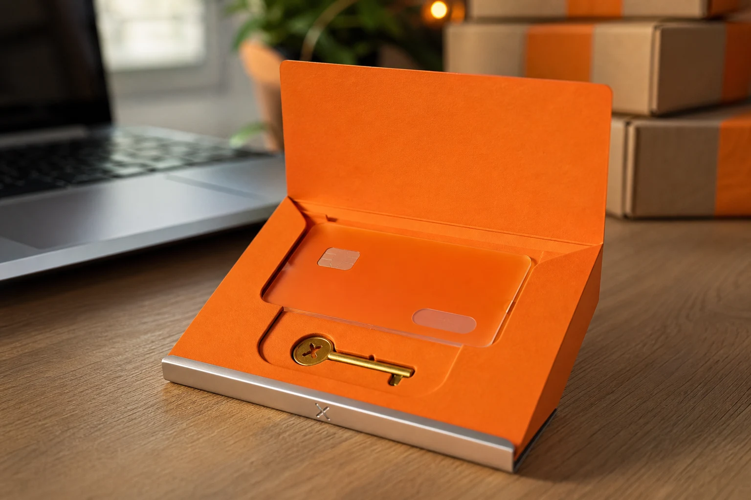 Tarjetero naranja Naranja X abierto con tarjeta transparente y llave brass