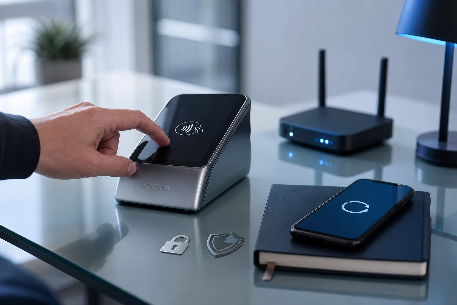 Terminal de pago MODO sobre escritorio limpio con seguridad wifi