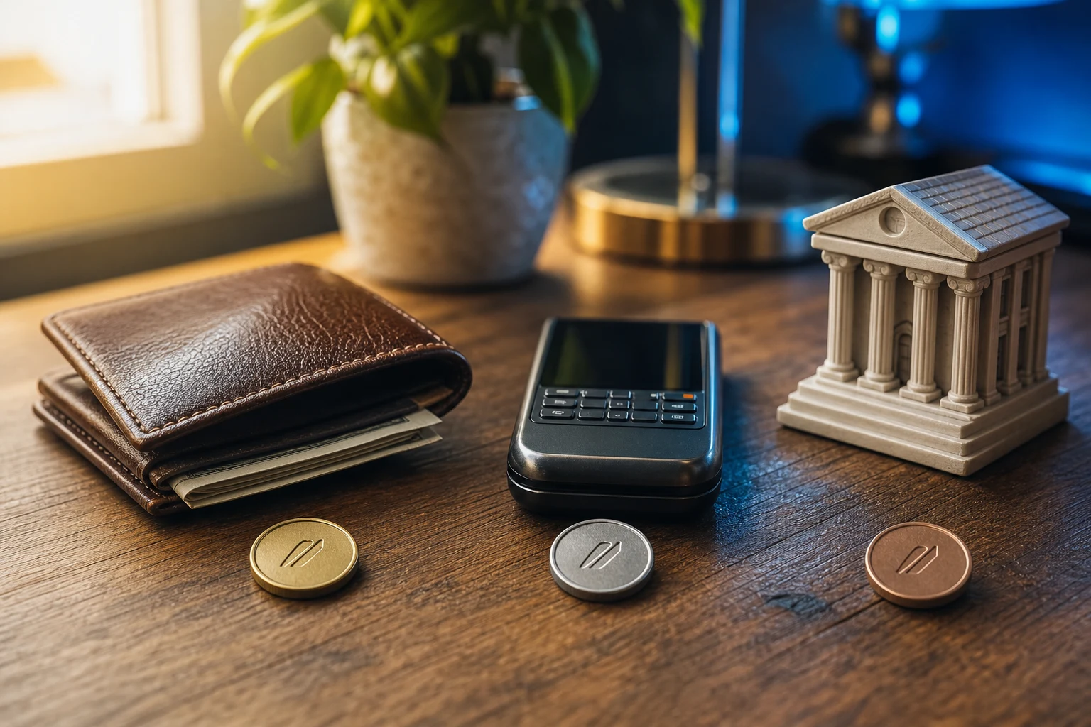 Tres objetos sobre madera billetera PSP banco miniatura con logo