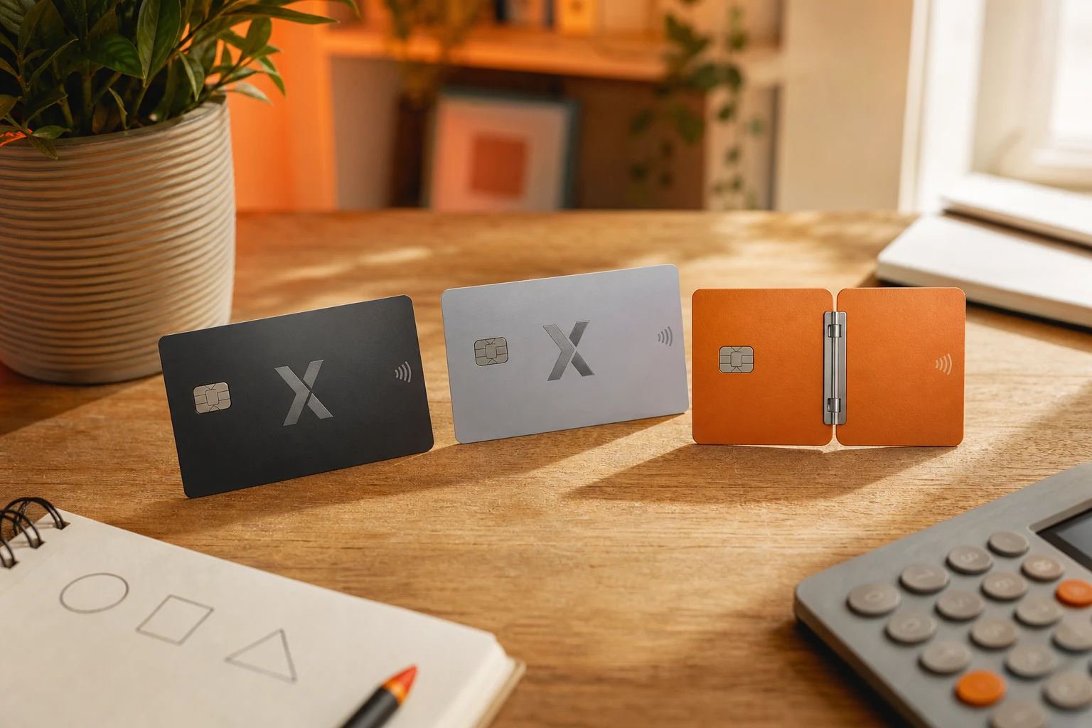 Tres tarjetas Naranja X crédito débito e híbrida sobre escritorio de madera cálida