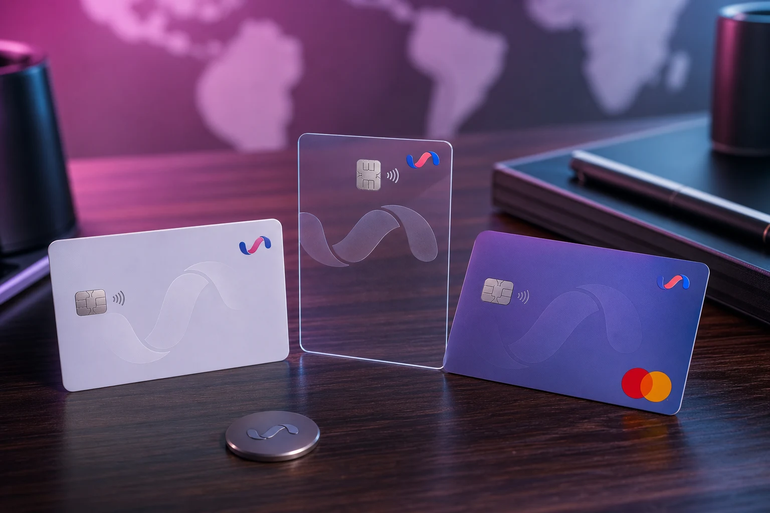 Tres tarjetas Ualá física virtual crédito en escritorio oscuro Mastercard