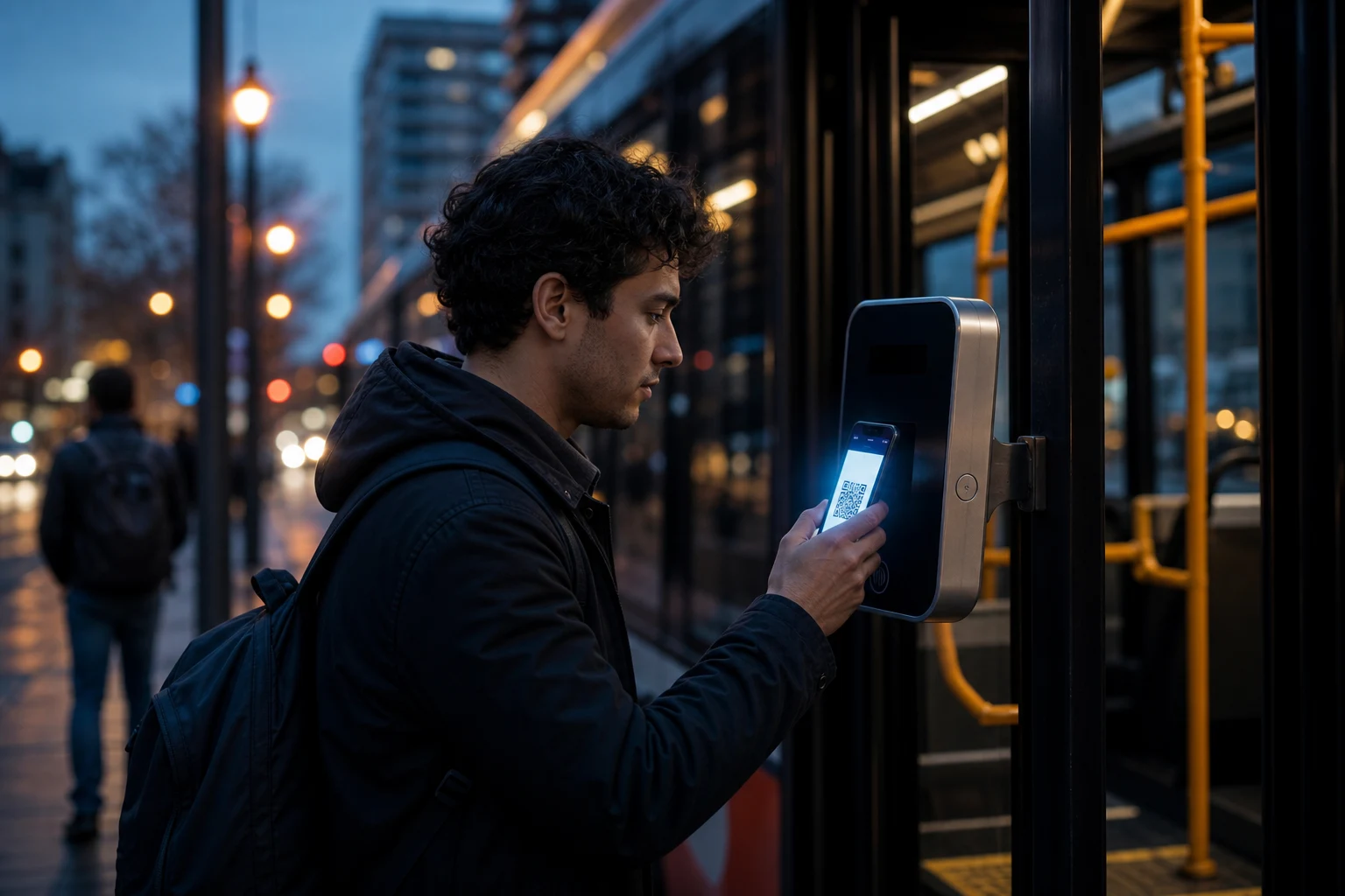 Usuario urbano usa QR ante lector de tarifas del autobus