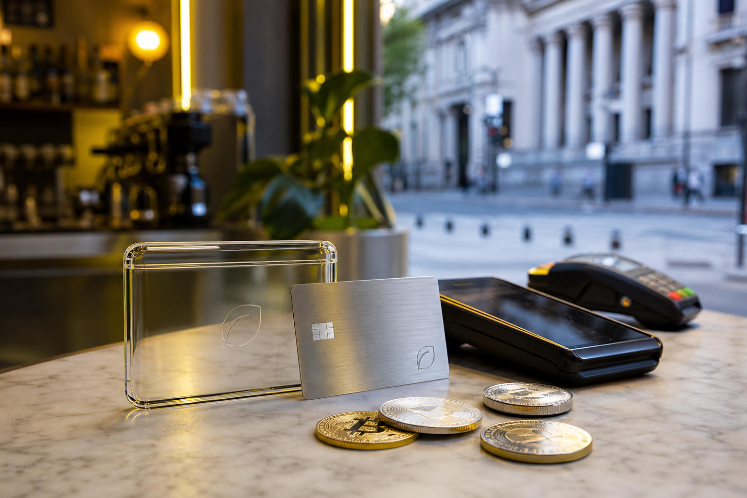 Billetera de vidrio Lemon junto a tarjeta débito móvil terminal y criptomonedas en café argentino