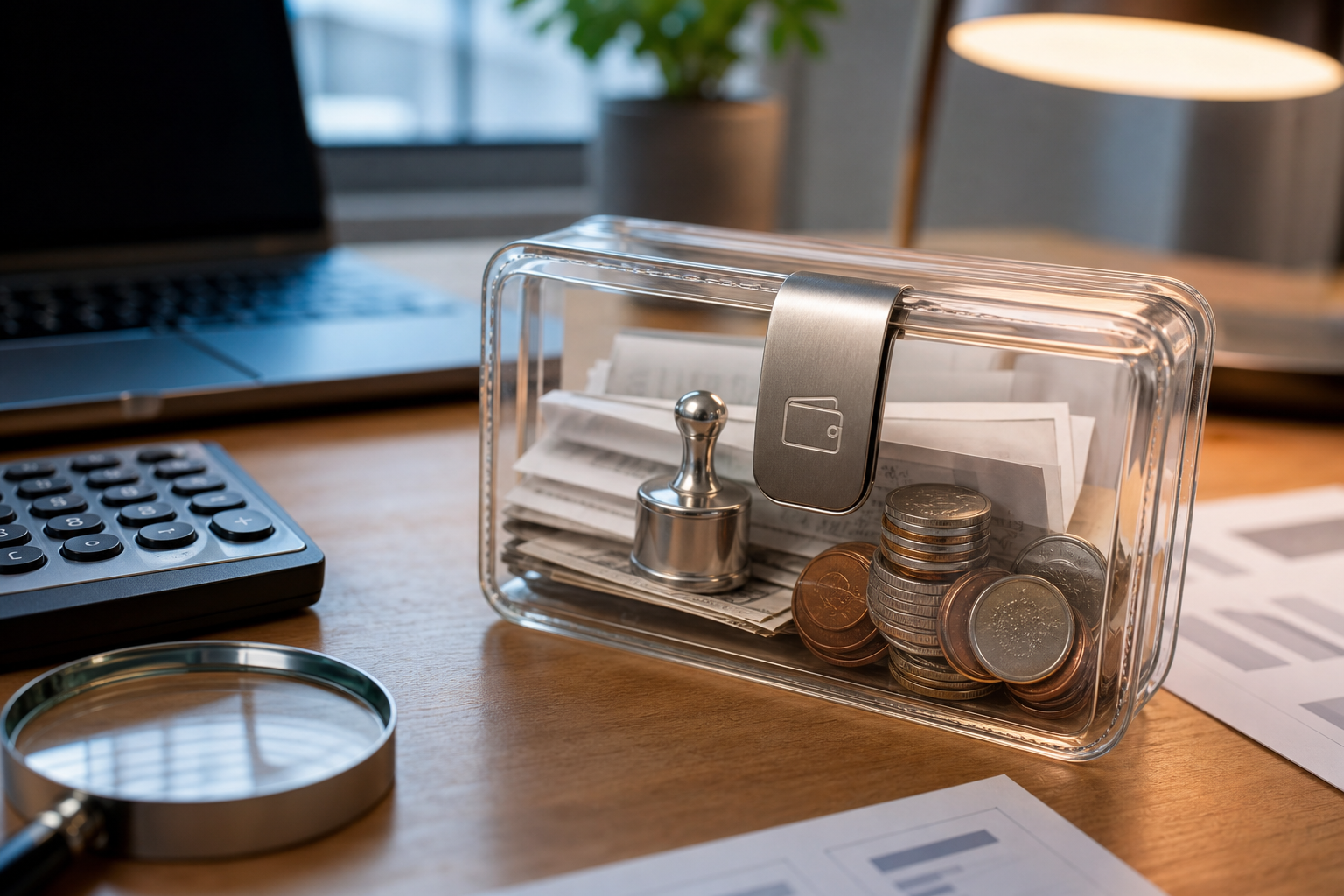 Billetera de vidrio transparente con monedas recibos y sello fiscal metálico sobre escritorio