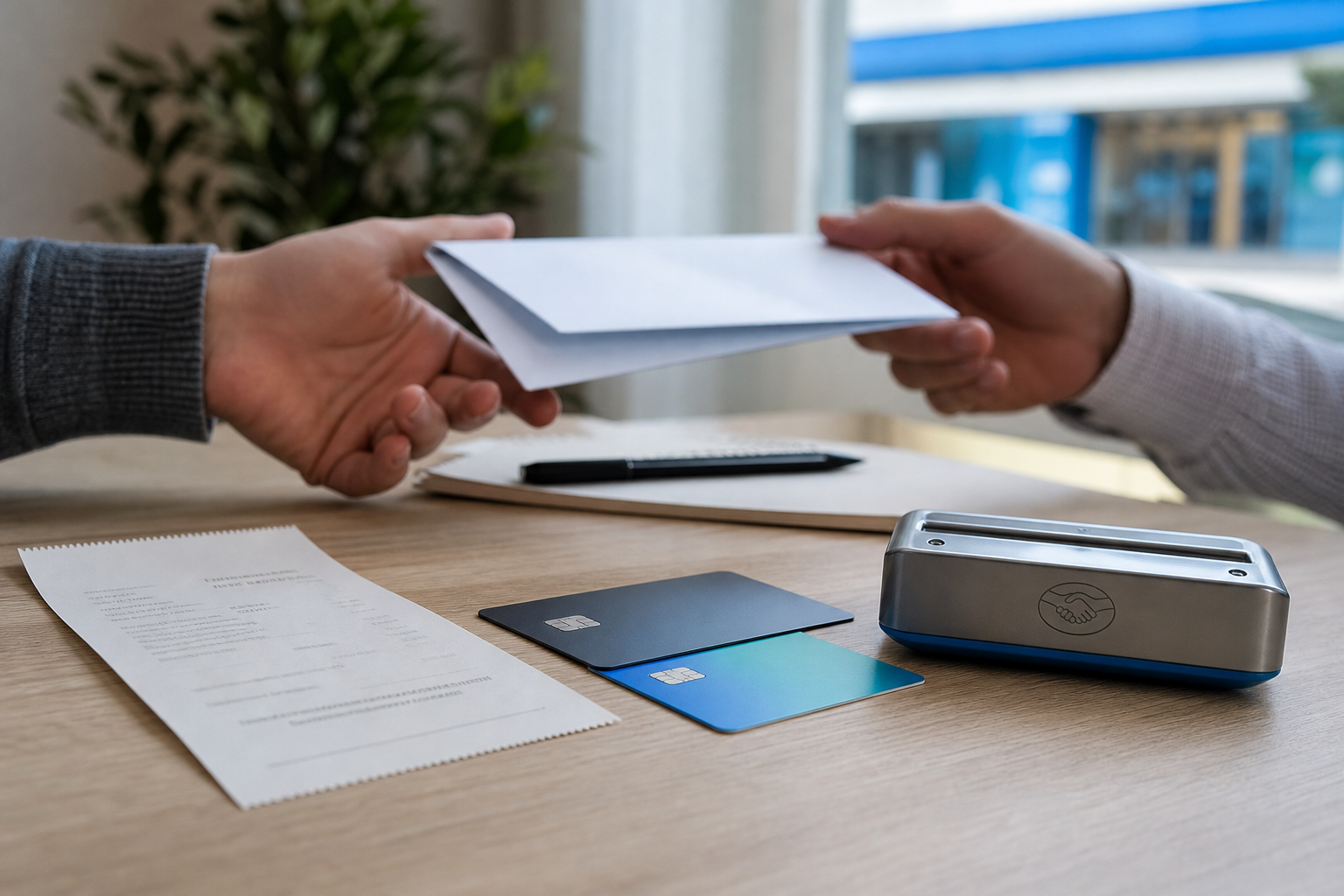 Recibo impreso tarjetas bancarias lector Mercado Pago y sobre sellado